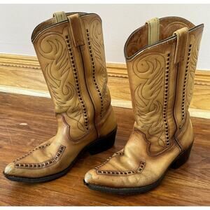 Double-H Cowboy Western Boots Vintage US Made Patina Saddle Stitch Men's 9.5 D